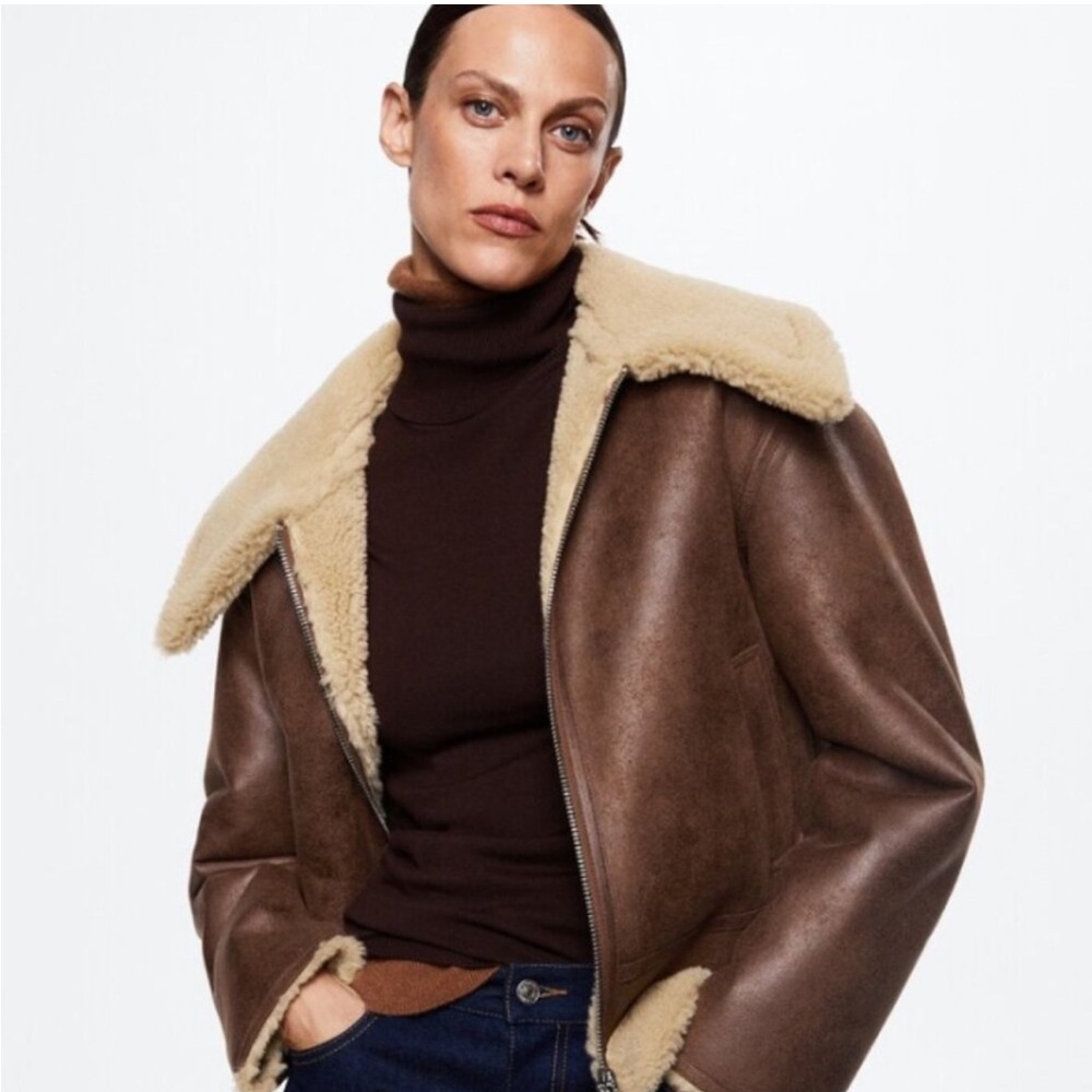 Mango Brown Jacket with Cream Shearling Collar